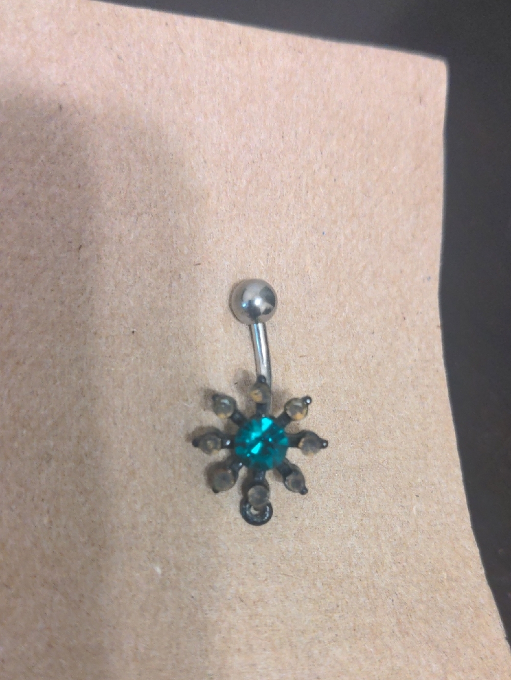 Teal Green & Black Crystal Silver Rhinestone Flower Navel Belly Button Ring